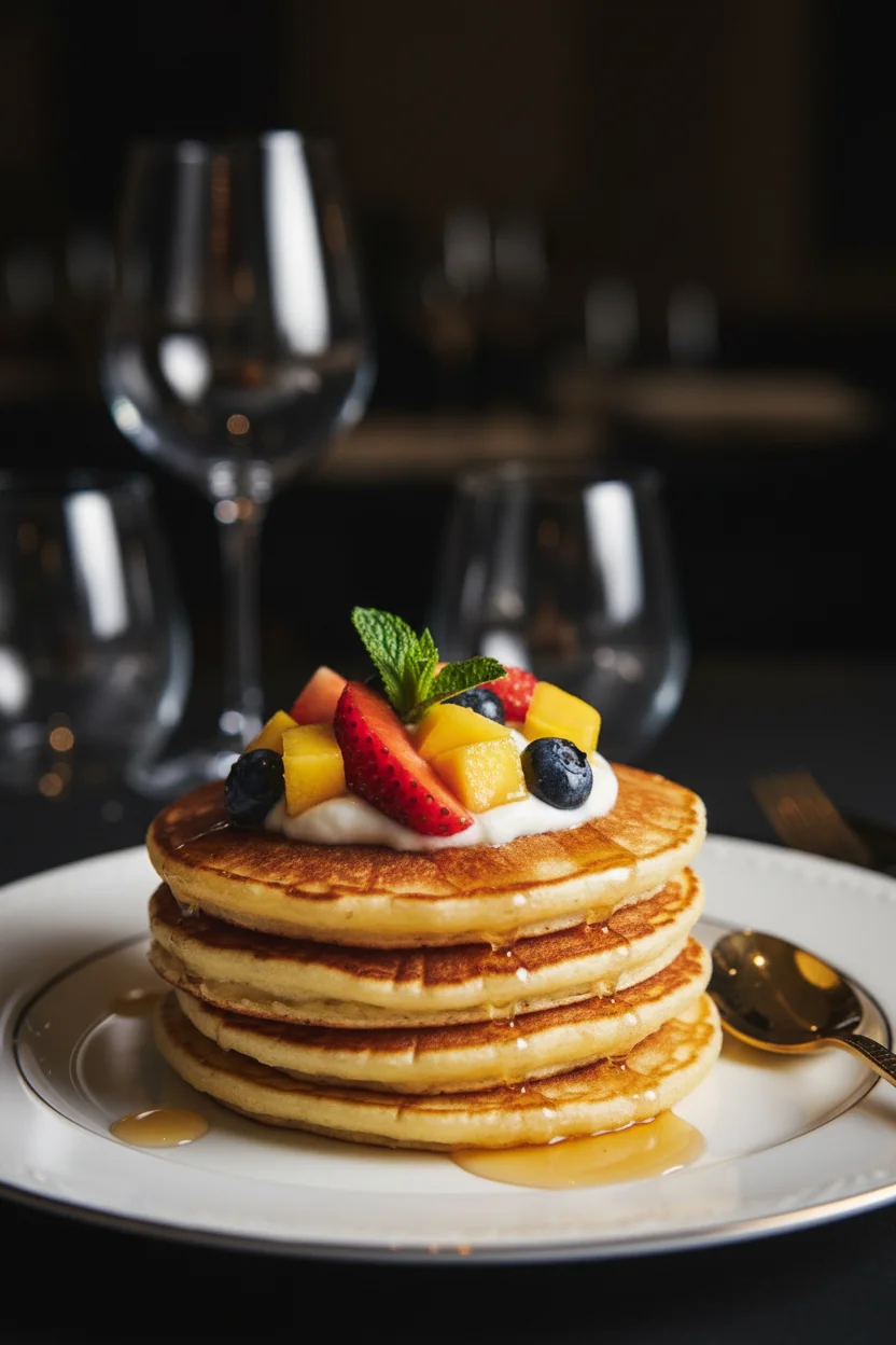 A vertical shot of pancakes with fruits on the top at breakfast